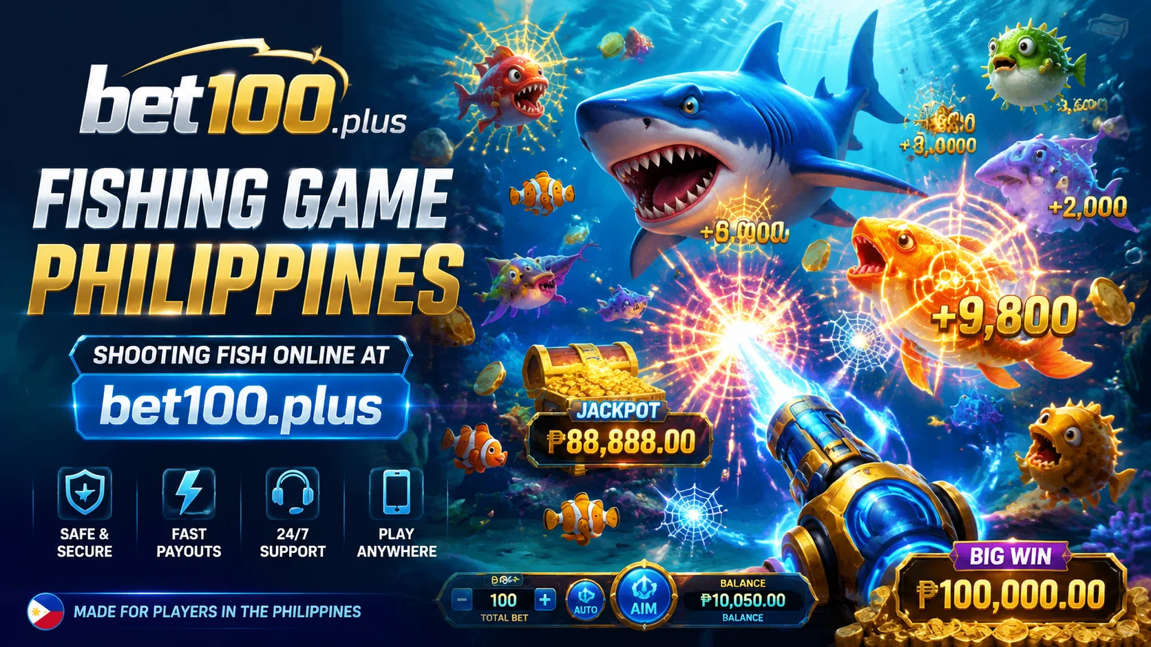 Fishing game feature banner on bet100.plus