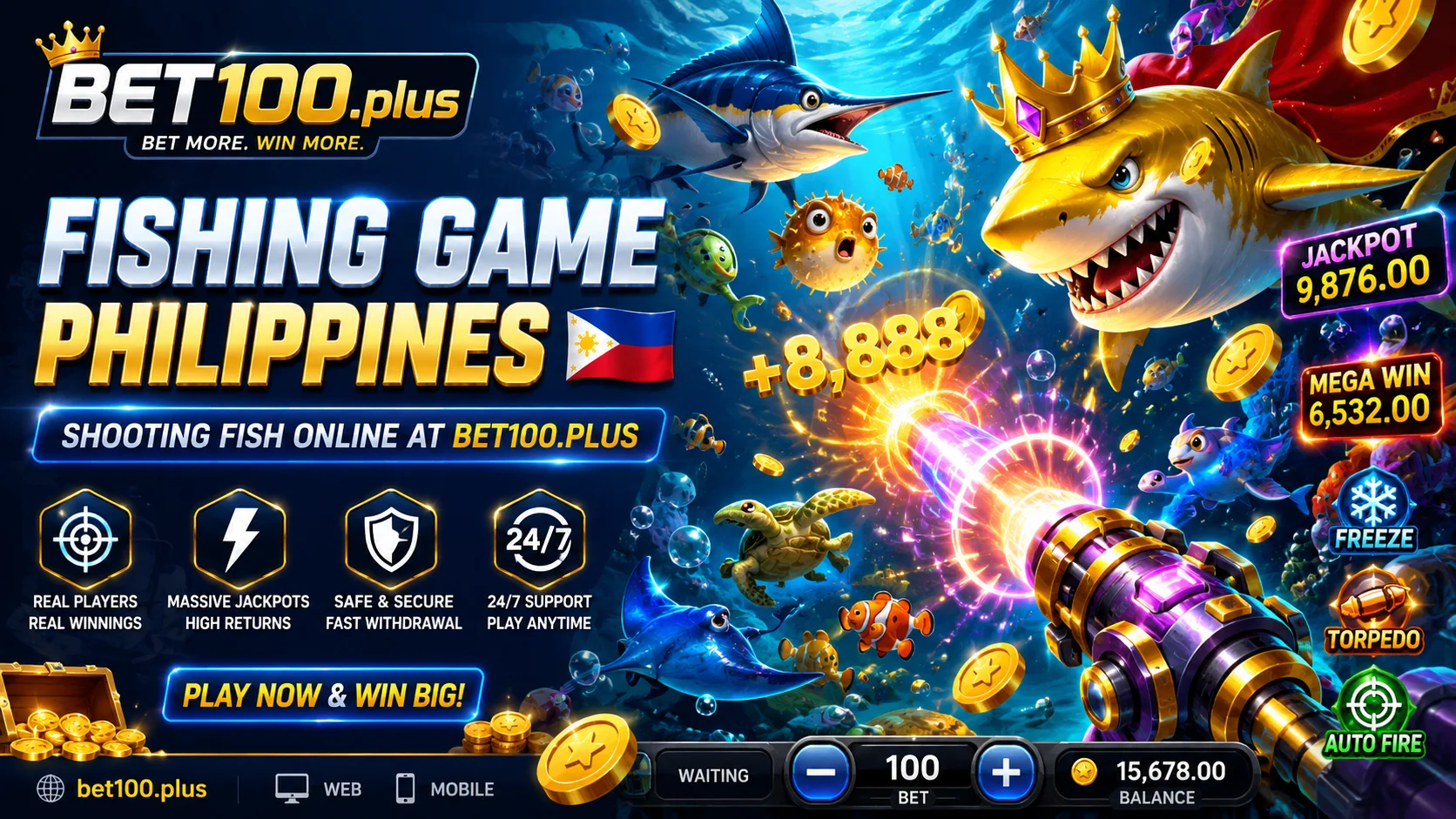 Fishing game action banner on bet100.plus